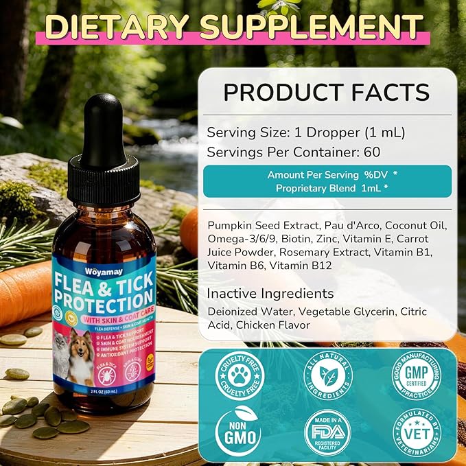 Flea Defense + Skin & Coat Support, Natural Flea and Tick Prevention for Dogs & Cats, Dog & Cat Flea Treatment with Pumpkin Seed & Omega-3/6/9, Flea Drops for All Breeds & Ages, Chicken Flavor