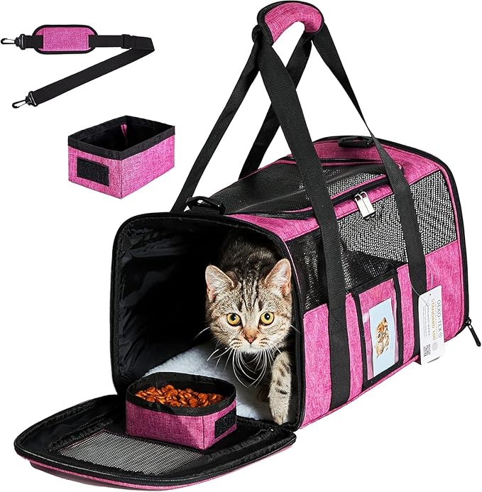 Cat Carrier Pet Carrier Airline Approved for Small Dogs Medium Cats Puppies 15 Lbs Dog Carrier with Reflective Strip, Collapsible Soft Sided Cat Travel Carriers - Rose Red