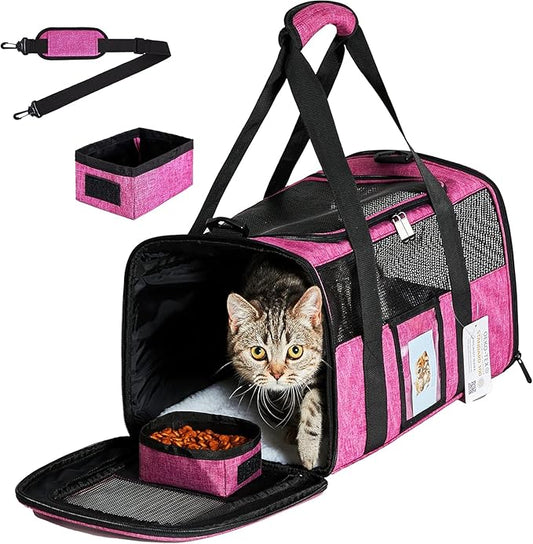 Cat Carrier Pet Carrier Airline Approved for Small Dogs Medium Cats Puppies 15 Lbs Dog Carrier with Reflective Strip, Collapsible Soft Sided Cat Travel Carriers - Rose Red