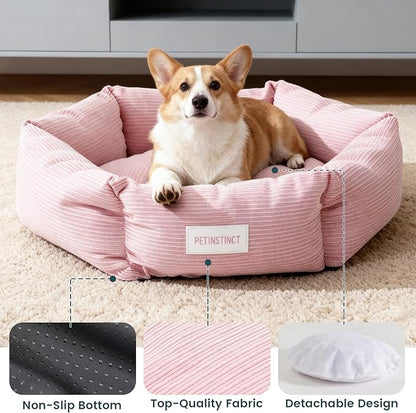 Petinstinct Medium Dog Bed, 30 Inch Washable Corduroy Dog Bed with Removable Cover & Anti-Slip Bottom, Durable Comfort for Medium to Large Dogs up to 45 lbs (Cream White)