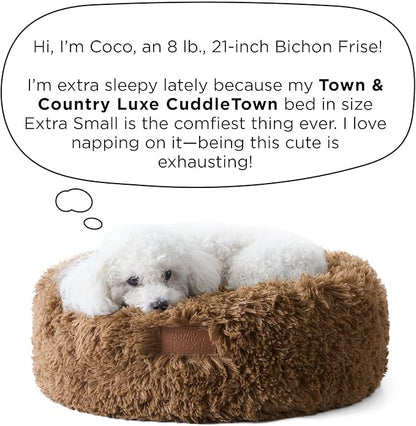 Town & Country Luxe CuddleTown Fuzzy Solid Donut Pet Bed, Soft, Cozy & Calming, Non-Slip Bottom, 100% Machine Washable, Cream, XS 19"x19"x7" Round