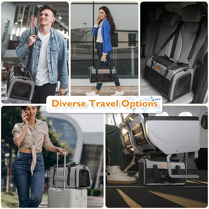 PETUX Airline Approved Cat Carrier or Small Cat up to 12 lb - 17x11x9.5 in Underseat, Top & Side Entry Pet Carrier with Breathable Anti-Scratch Mesh & Litter Box for Travel and Vet Visit - Grey