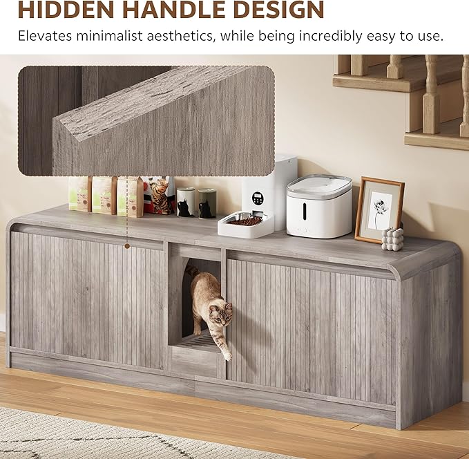 Cat Litter Box Enclosure with Litter Collector, 59'' Double Litter Box Enclosure for 2 Cats, Hidden Litter Box Furniture for Indoor Cats Large Adult, Cat House, Side Table, TV Stand, Grey