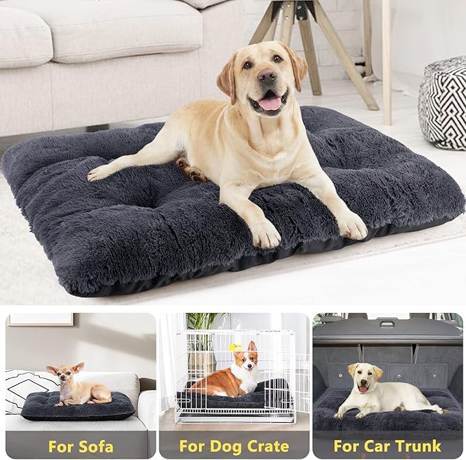 JOEJOY Dog Bed Crate Pad, Deluxe Plush Washable Dog Beds Fulffy Soft Kennel Pad Anti-Slip Pet Sleeping Mat for Small Dogs, 23" x 18", Grey