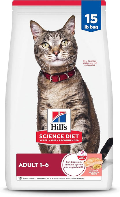 Hill's Science Diet Adult 1-6, Adult 1-6 Premium Nutrition, Dry Cat Food, Salmon & Brown Rice, 15 lb Bag