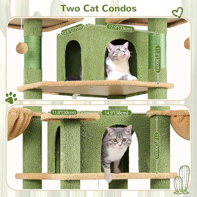 Globlazer Big Cactus Cat Tower for Indoor Cats, 80inch Cat Tower for Multiple Adult Cats XXL Cat Tree with Scratching Post, Hammock, 3 Perches, 2 Condos, 2 Hanging Basket, F80, Green
