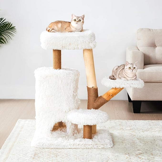 35-Inch Multi-Level Cat Tree with Durable Sisal-Wrapped Posts, Dual Enclosed Condos, Cushioned Perches, and Removable Plush Cover,White