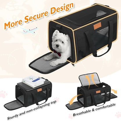 PETUX Airline Approved Cat Carrier or Small Cat up to 12 lb - 17x11x9.5 in Underseat, Top & Side Entry Pet Carrier with Breathable Anti-Scratch Mesh & Litter Box for Travel and Vet Visit - Black