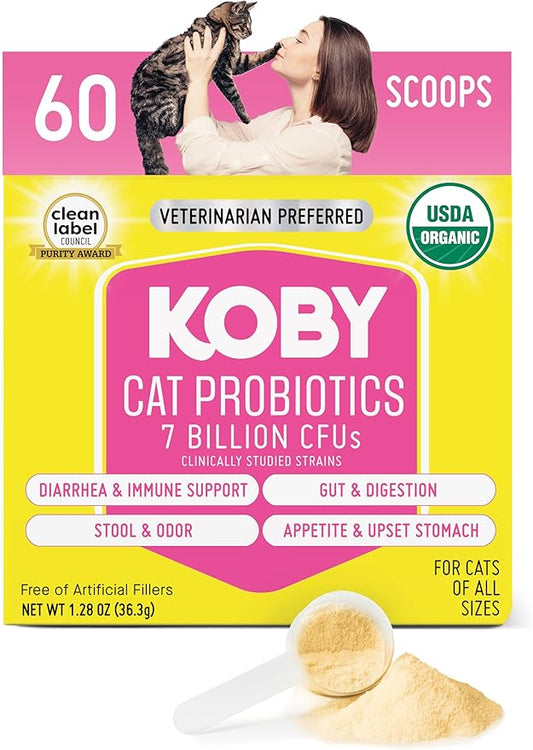 Koby Cat Probiotic Powder – Made with Clean USDA Organic Ingredients for Gut, Digestive, Skin & Immunity - Cat Food Topper - Vet Preferred Probiotics for Cats of All Ages – 7 Billion CFUs, 60 Servings
