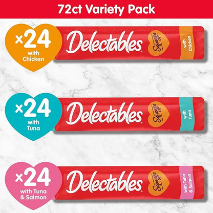 Delectables Squeeze Up Variety Pack, Creamy Squeezable Puree, Lickable Wet Cat Treats, Grain Free, No Added Fillers, No by-Products, No Added Preservatives, 0.5 Ounces Tube, 72 Tubes Total