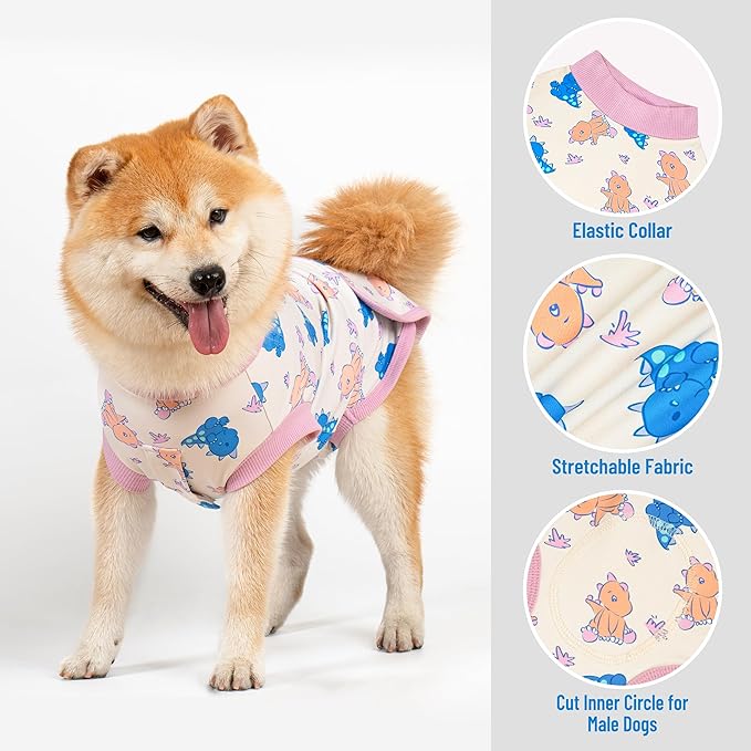 cyeollo Recovery Suit for Dogs Surgery Suit Female Spay Soft Breathable Pet Onesie Bodysuit Male Dog Neuter, Small Medium Dogs Surgical Recovery Shirt, Dinosaur, L