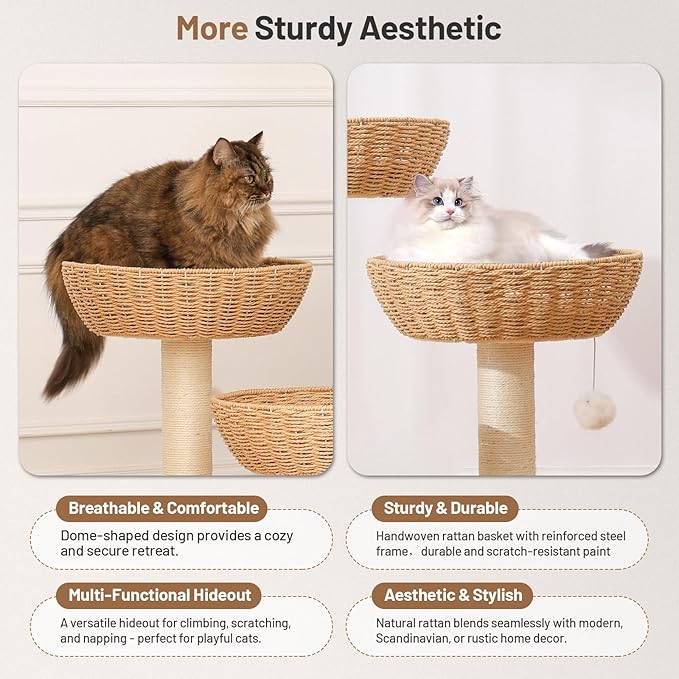 Modern Rattan Cat Tree House Condo Climbing Tower with Scratching Post for Indoor Large Adult Cat
