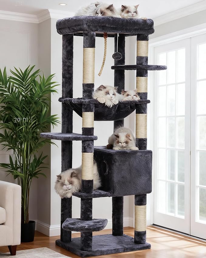 Heybly Cat Tree for Large Cats 20lbs Heavy Duty, 60 inches XXL Cat Tower for Indoor Cats, Multi-Level Furniture Condo with Big Padded Plush Perch, Cozy Basket, Smoky Gray HCT050G