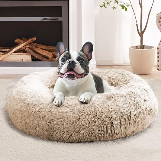 JOLLYVOGUE Calming Dog & Cat Bed for Large Dogs, Anti-Anxiety Donut Cuddler Cozy Soft Round Bed with Anti-Slip Bottom, Fluffy Faux Fur Plush Cushion Beds for Medium Dogs (36")
