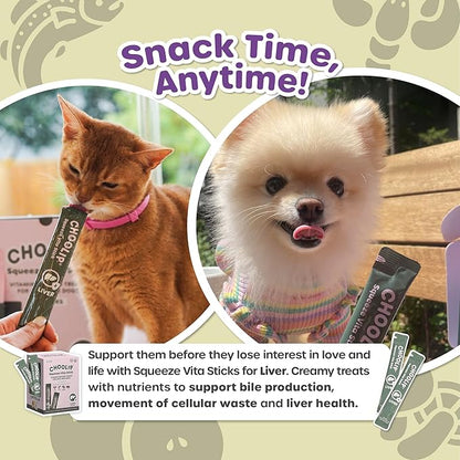 Choolip Squeeze Vita Stick Lickable Cat Treats & Dog Puree – 49-Count Liver Support Tubes, Creamy Grain-Free High-Protein Puree with Milk Thistle, Vitamin E & CoQ10 for Liver Health & Detox Support