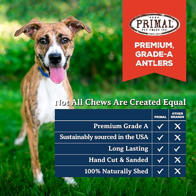 Primal Antlers for Dogs, Grade A Split Stag Antlers for Large Canines 45-60 lb, Natural Chews for Aggressive Chewers, Naturally Shed, Long Lasting Dog Bones, 1 ct