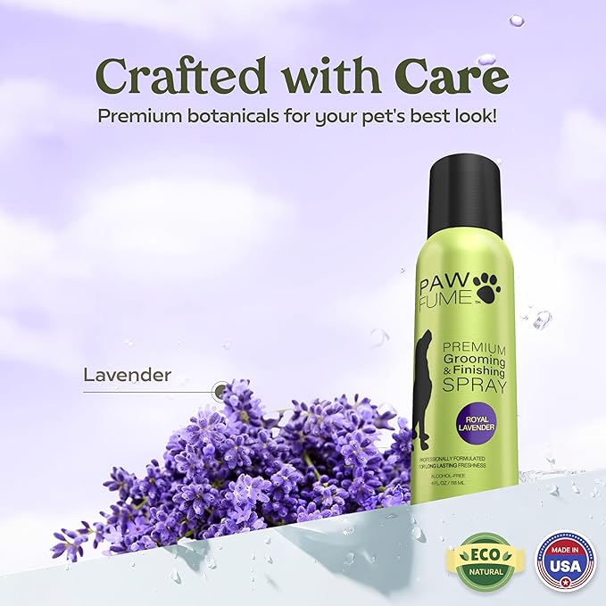 Paw Fume Dog Detangler Grooming Spray, Royal Lavender, 4-Pack – Keeps Pups Fresh All Day – Hypoallergenic, Alcohol-Free, Detangling & Moisturizing – Salon-Quality Dog Necessities for Coat & Fur Care