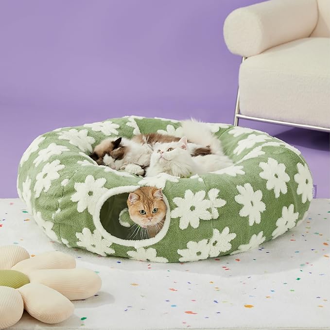 Lesure Large Cat Tunnel Bed - Cute Donut Bed for Indoor Cats with Washable Circle Cushion, Round Pet Peekaboo Cave Toy for Multi Kitten/Puppy/Rabbit, Large Flower Garden Green
