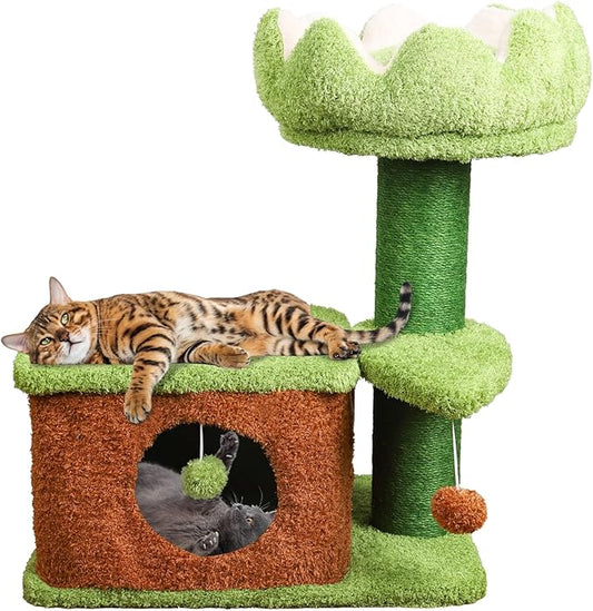 Zamaya Cat Tree for Indoor Cats, 25.9” Tall Cat Tower with Scratching Post, Condo & Window Perch, Stable Design for Adult Cats, Green