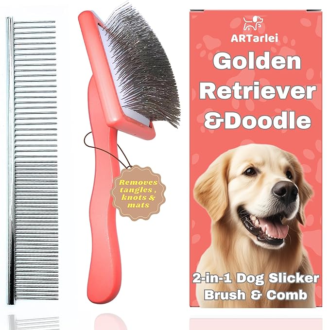 2-in-1 Dog Slicker Brush & Comb for Golden Retriever & Doodle - Easy Detangling & Deshedding, Tailored for Matted Coats of Long Curly Haired Doodle Mixes - Effortless Tangle-Free Grooming