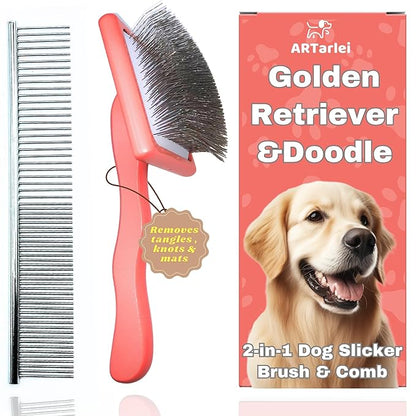 2-in-1 Dog Slicker Brush & Comb for Golden Retriever & Doodle - Easy Detangling & Deshedding, Tailored for Matted Coats of Long Curly Haired Doodle Mixes - Effortless Tangle-Free Grooming