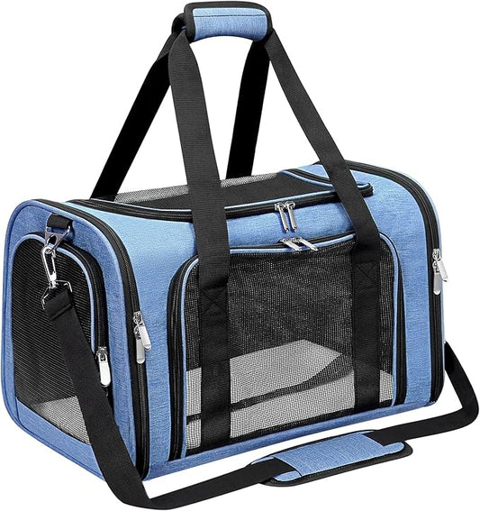 Soft-Sided Cat/Dog/Pet Carrier, Collapsible Pets Travel Carriers for Big Cats/Small Dogs with Shoulder Strap & Removable Mat, Mesh Puppy Carry Bag, Up to 16 Lbs, TSA Airline Approved(Blue)