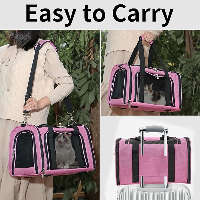 Soft-Sided Cat/Dog/Pet Carrier, Collapsible Pets Travel Carriers for Big Cats/Small Dogs with Shoulder Strap & Removable Mat, Mesh Puppy Carry Bag, Up to 16 Lbs, TSA Airline Approved (Pink)