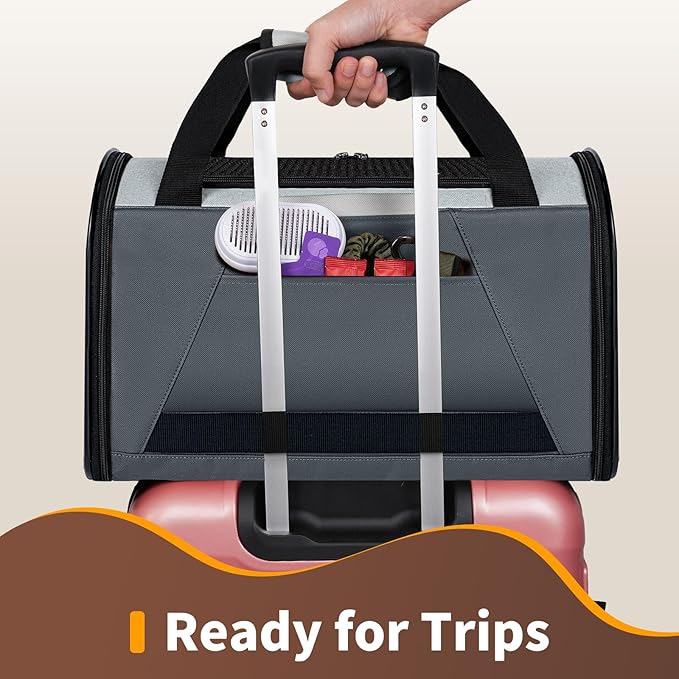 Collapsible Small Pet Carrier for Cat 15 lbs with Fashion Pocket, Lightweight Sturdy Travel Carry Bag Little Puppy Dog, Breathable Stylish Kitten Soft Cage Kennel, 17.7x11.0x11.8 Inch Grey