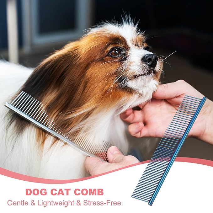 Dog Cat Comb, Pet Combs Stainless Steel Teeth with Rounded Ends for Knots Mats Loose Hair Removal, 6.5/7.5IN (Blue Plated, 2 Pack), Grooming Tool Intended for Long Curly Hair Pet
