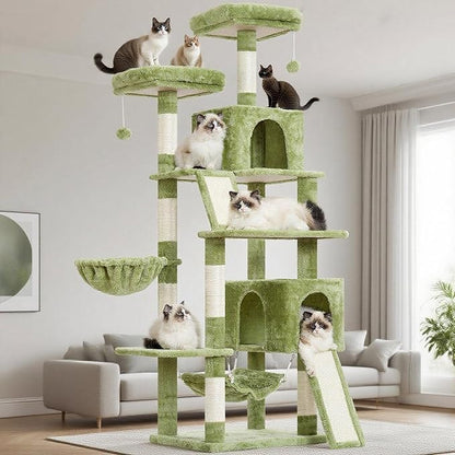 Cat Tree for Indoor Cats, 71'' (180cm) Multi-Level Cat Tower for Large Adult, Sturdy Cat Tree House with 2 Scratching Boards 7 Posts, 2 Plush Perches/Condos, Hammock, Green GCT032GR