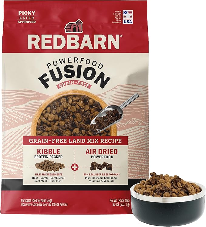 Redbarn Powerfood Fusion Air Dried Kibble Blend – Grain Free Land Beef Lamb Recipe – Made in USA Adult Dry Dog Food with Superfoods, Prebiotics, Postbiotics - 20lb Bag