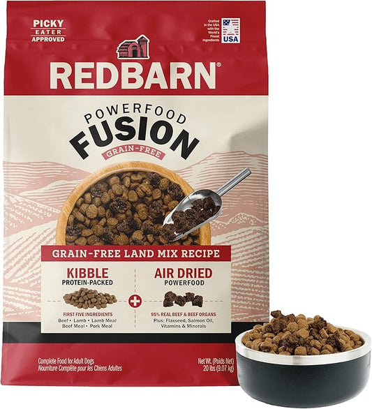 Redbarn Powerfood Fusion Air Dried Kibble Blend – Grain Free Land Beef Lamb Recipe – Made in USA Adult Dry Dog Food with Superfoods, Prebiotics, Postbiotics - 20lb Bag