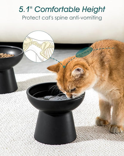 vancasso Ceramic Elevated Cat Bowls 2-Pack - 6.2" Extra Wide Raised Cat Food & Water Dishes, 5.1" Optimal Height Anti-Whisker Fatigue Shallow Bowls for Cats/Kittens/Dogs, Lead & Cadmium Free (Black)