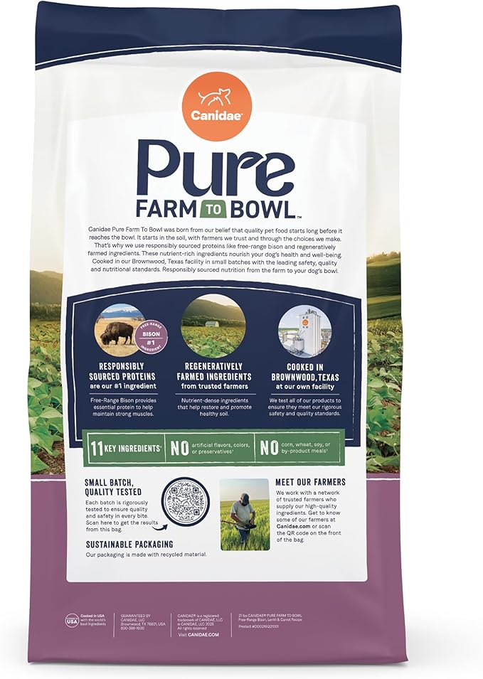 Canidae Pure Farm to Bowl Free-Range Bison, Lentil & Carrot, Adult, Grain-Free Dry Dog Food, 4lb