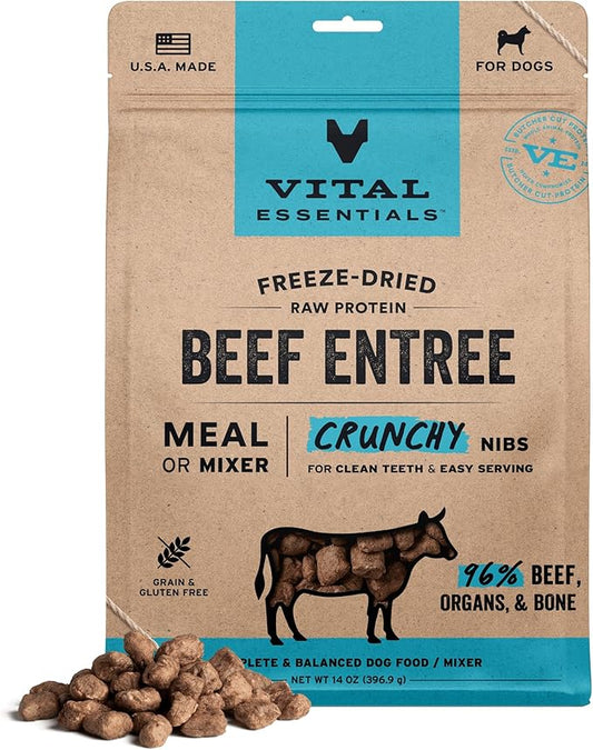 Vital Essentials Freeze-Dried Raw Dog Food, Beef Crunchy Nibs | Complete Meal or Mixer | High Protein Dog Food | 14 oz