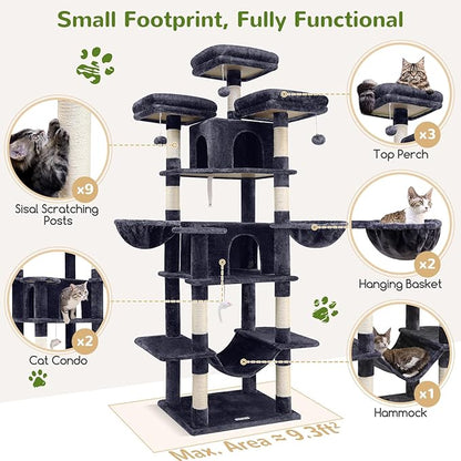 Globlazer Big Cat Tower for Indoor Cats, 80inch Cat Tower for Multiple Adult Cats XXL Cat Tree with Scratching Post, Hammock, 3 Perches, 2 Condos, 2 Hanging Basket, F80, Dark Grey