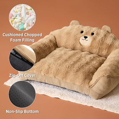 LE SURE Cute Cat Couch for Pets - Fluffy Original Bear Design for Small Dog Bed, Supportive Dog Couch with Removable Washable Cover, Puppy Bed for Small and Medium Dogs, 28inch, Almond