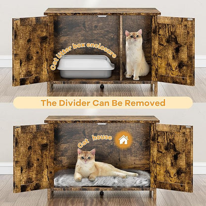 Shintenchi Cat Littler Box Enclosure, Litter Box Furniture Hidden with Removable Divider, Cat House with End Table, Brown