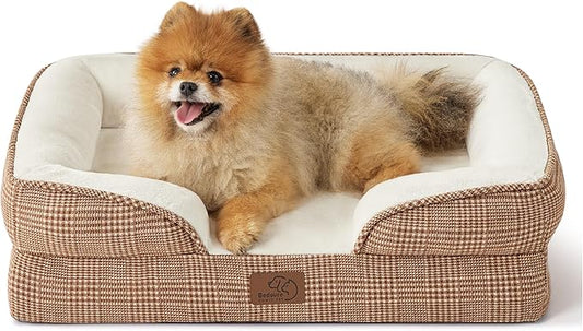 Bedsure Orthopedic Dog Beds for Small Dogs - Washable Small Dog Cat Bed Waterproof, Comfort Pet Couch Sofa with Washable Removable Cover, Pets Bed with Nonskid Bottom, Plaid-Brown, 24"