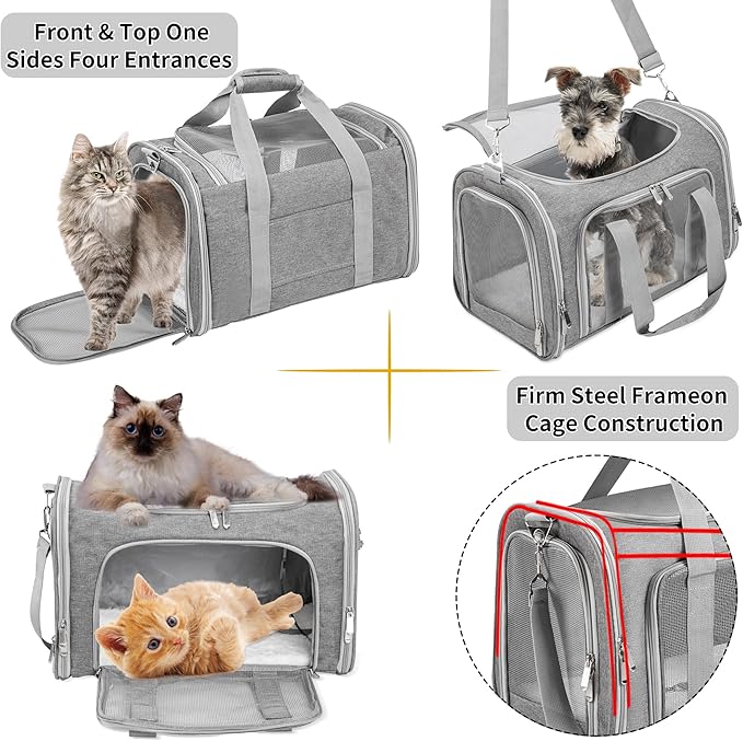 Soft-Sided Cat/Dog/Pet Carrier, Collapsible Pets Travel Carriers for Big Cats/Small Dogs with Shoulder Strap & Removable Mat, Mesh Puppy Carry Bag, Up to 16 Lbs, TSA Airline Approved(Gray)