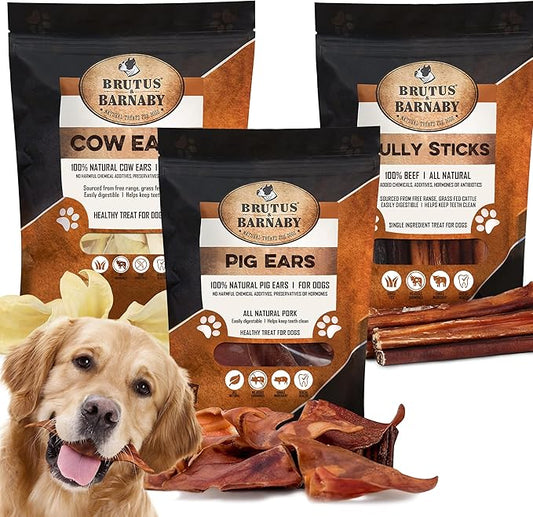 BRUTUS & BARNABY 12 Cow Ears + 12 Pig Ears + 12 Bully Sticks
