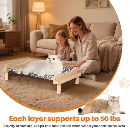 Elevated Wooden Cat Bed – 24"x15.7"x5.9" Breathable Hammock Pet Bed for Indoor/Outdoor Use, Raised Dog Lounger for Small Pets Like Kittens, Puppies, Rabbits, and Bunnies (Grey-1)