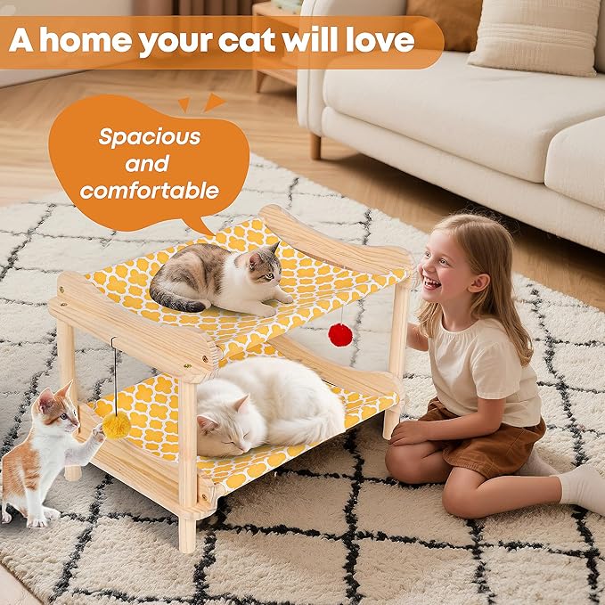 2-Layer Cat Hammock Bed, 24"x15.7"x16.3" Elevated Cat Bed with Pine Wood Frame, Breathable Washable Covers, Wooden Pet Furniture for Indoor Cats and Small Animals(Orange-2)