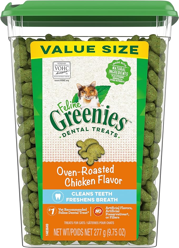 Greenies Feline Adult Dental Cat Treats, Oven Roasted Chicken Flavor, 9.75 oz. Tub