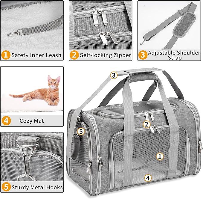 Soft-Sided Cat/Dog/Pet Carrier, Collapsible Pets Travel Carriers for Big Cats/Small Dogs with Shoulder Strap & Removable Mat, Mesh Puppy Carry Bag, Up to 16 Lbs, TSA Airline Approved(Gray)