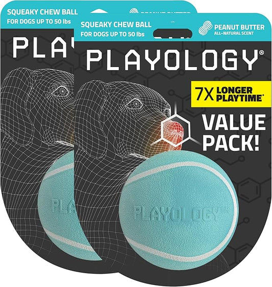 Playology Dog Toys | Squeaky Chew Ball - Bouncy Durable Floating Fetch Ball for Dogs, Value 2-Pack | Medium Peanut Butter Scented Toy - Easy to Clean and Made from Non Toxic Materials
