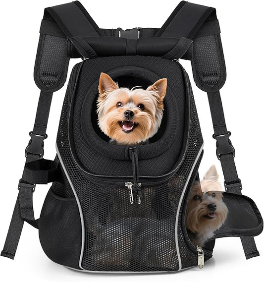 WOYYHO Pet Dog Carrier Backpack with Top and Side Windows, Small Dog Front Backpack Ventilated Mesh Dog Back Pack with Safety Belt for Travel Hiking Outdoor Adventures (Size L: 10-14 lbs, Black 2.0)