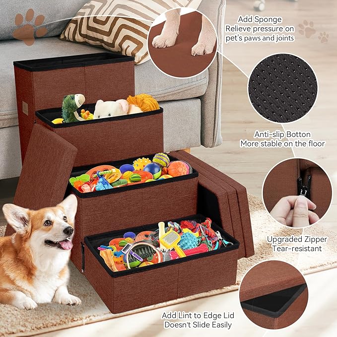 Dog Stairs with Storage 23" H, 4-Step Wider Dog Steps for High Beds Window, Folding Sturdy Pet Stairs Gift for Small/Medium/Large Old Dogs Cats, Ramp for Climbing Car Up to 200 lbs, Brown