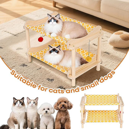 2-Layer Cat Hammock Bed, 24"x15.7"x16.3" Elevated Cat Bed with Pine Wood Frame, Breathable Washable Covers, Wooden Pet Furniture for Indoor Cats and Small Animals(Orange-2)