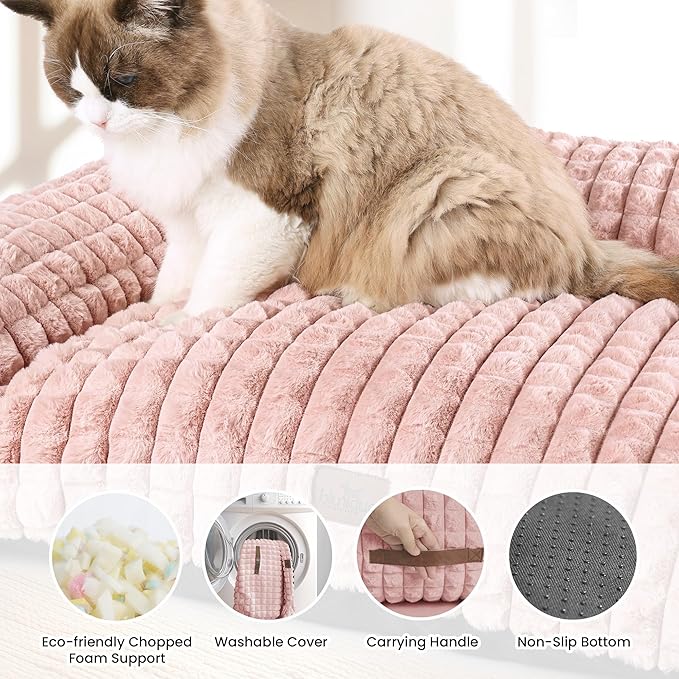 Cat Bed for Indoor Cats - Cute Pink Cat Couch Beds, Fluffy Pet Couch with Faux Rabbit Fur Washable Cover, Fuzzy Pet Sofa in 3D Diamond Pattern, 24inch